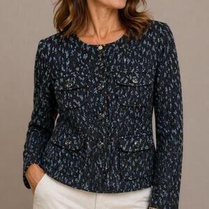 Helene London Collarless Button up Blazer size Small Blue Metallic Textured